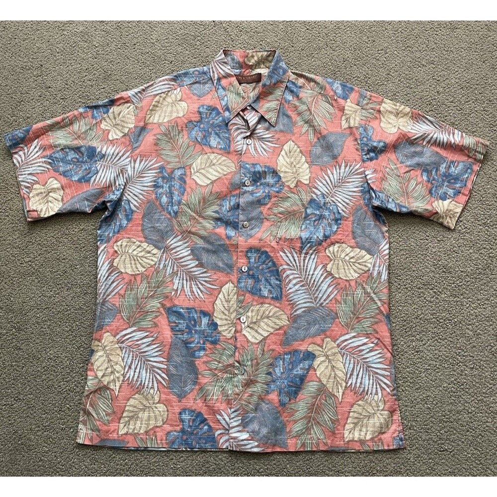 Tori Richard Hawaiian Shirt Medium Coral Tropical Leaf Aloha Made Hawaii